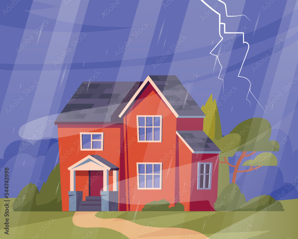 Rain and thundering. Bad weather, catastrophe and storm. Rural