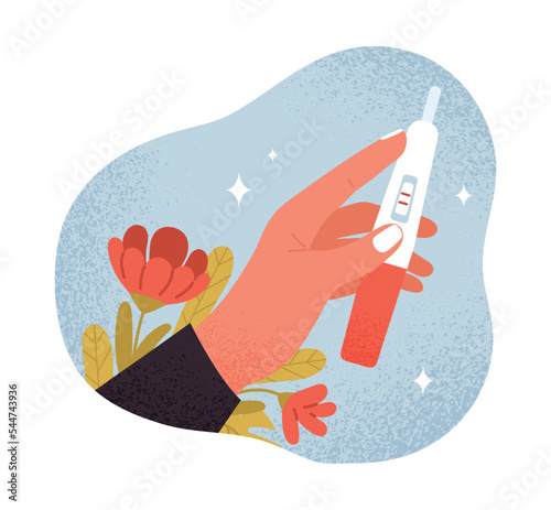 Woman with pregnancy test. Girl looks at two red stripes on indicator, medical procedures. Poster or banner for website. Expectant mother, motherhood and parenthood. Cartoon flat vector illustration