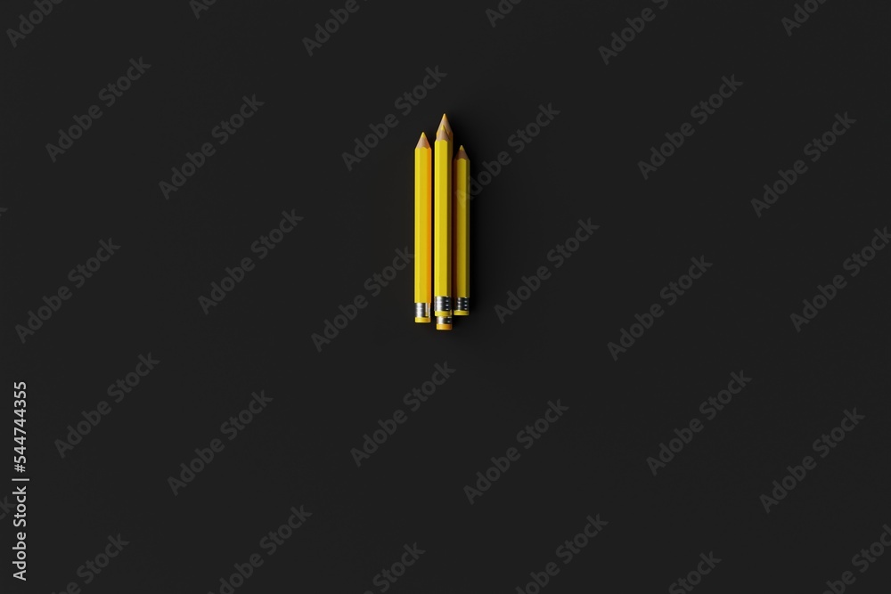 Three yellow pencils on a dark background. Concept of school, back to school. 3d render. Three yellow pencils on a dark background. Concept of school, back to school. 3d render.