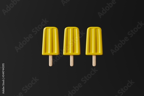 Yellow ice lolly on an dark background. Concept of summer  vacation. Cooling down on warm days. 3d rendering  3d illustration.