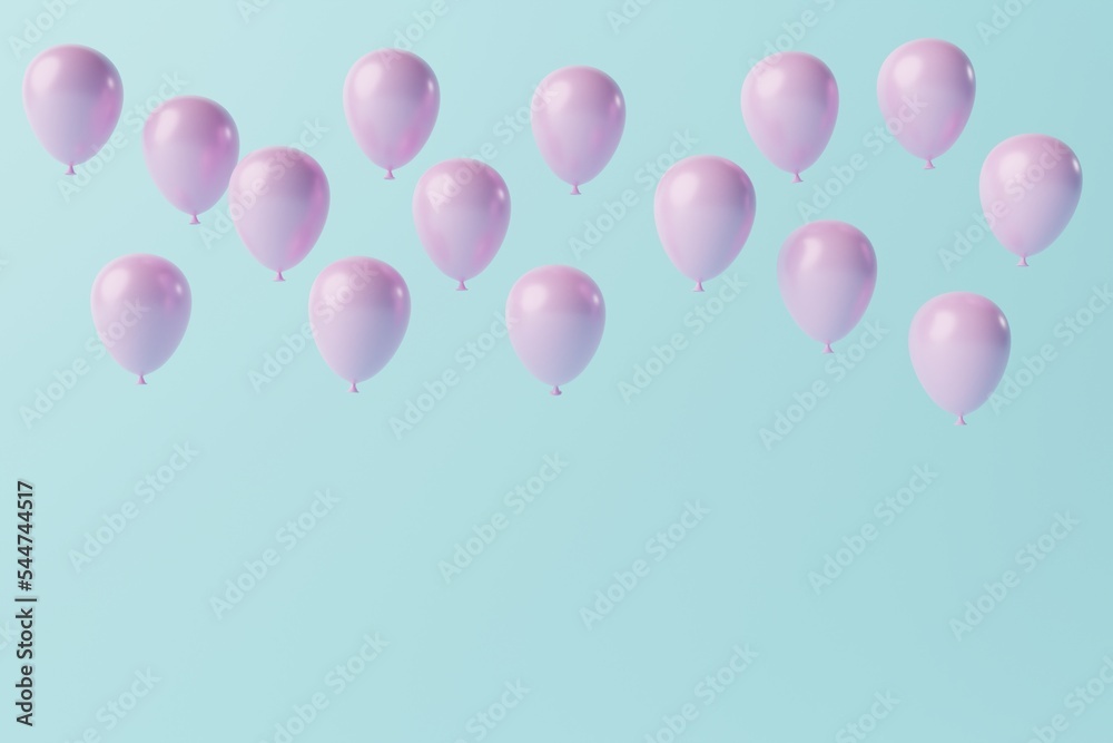 Pink balloons on a blue background. Concept for the release of balloons, balloons inflated with air. 3d rendering, 3d illustration.