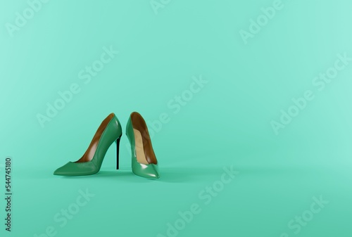 High heels on a green background. Minimalistic, fashion and beauty concept. The wearing of high heels by women. 3D render, 3D illustration.