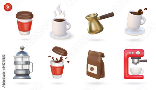 Set 3d vector coffee icons. Isolated realistic illustration of cup of espresso or tea, coffeepot, french press, hot beverage with vapor, package, coffee maker.