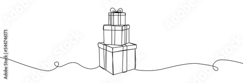 Gift box one line drawing. Continuous one line gift box.Presents with ribbon bow.Hand drawn greeting present box.Line art christmas surprise.A pile of gift boxes.