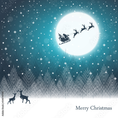 Santa Claus and gifts in sleigh with reindeers.
