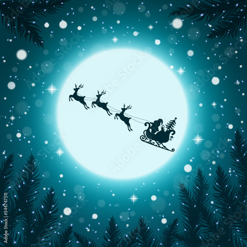 Santa Claus and gifts in sleigh with reindeers.