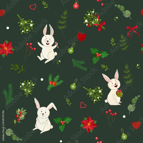 Cute christmas pattern with bunnies and decor. Seamless noel print for Wrapping paper, greeting card. New year’s pine branches and mistletoe on dark cyan background. Hand drawn illustration.