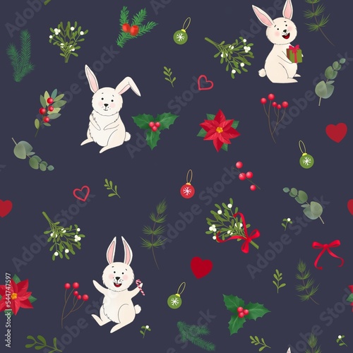 Cute christmas pattern with bunnies and decor. Seamless noel print for Wrapping paper, greeting card. New year’s pine branches and mistletoe on dark cyan background. Hand drawn illustration.