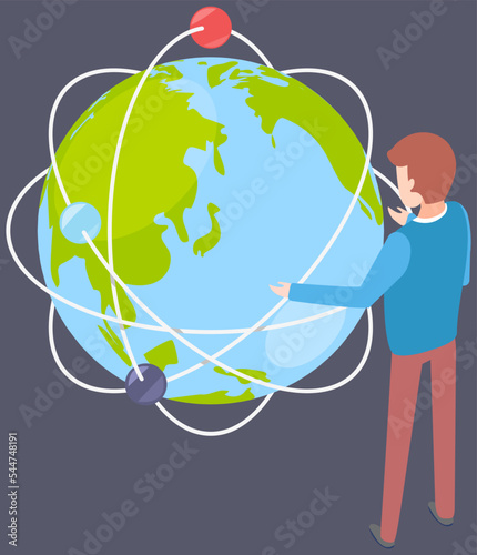 International business visual concept. Businessman stands at big planet layout shows and tells direction of movement of wold trade. Successful Trader. Social network. Travel agency manager at work