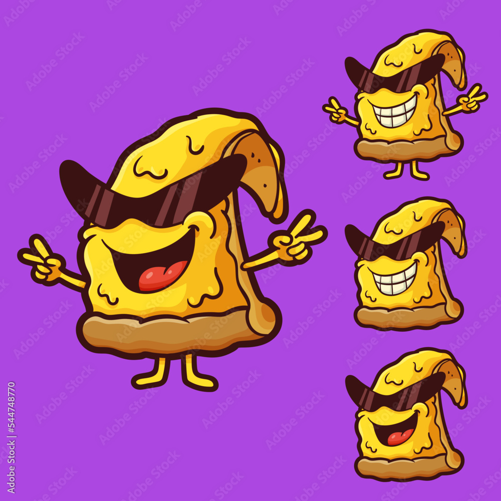 set of funny radical shades pizza cheese food mascot cartoon character vector illustration on a purple background set of funny radical shades pizza cheese food mascot cartoon character vector illustration on a purple background