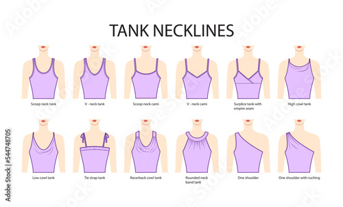 Set of necklines tank clothes - tops, cami, one shoulder, scoop, racerback, V-neck, cowl, strap technical fashion illustration with fitted body. Flat apparel template. Women, men unisex CAD mockup