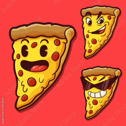 set of funny pizza slice pepperoni cheese food mascot cartoon character vector illustration on a red background