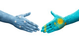 Handshake between Micronesia and Kazakhstan flags painted on hands, isolated transparent image.