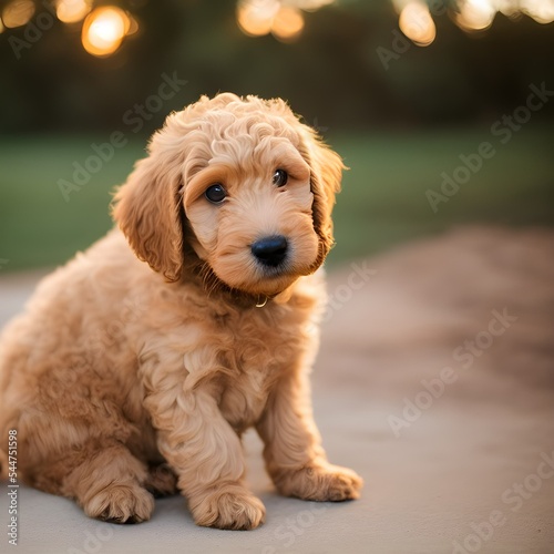 Goldendoodle puppy sitting outside looking at camera © Michael