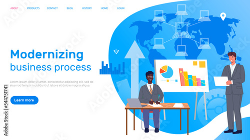 Modernizing business process website template. People working on global network. Work with world map with location, optimization of service. Colleagues conducts data analysis and statistics
