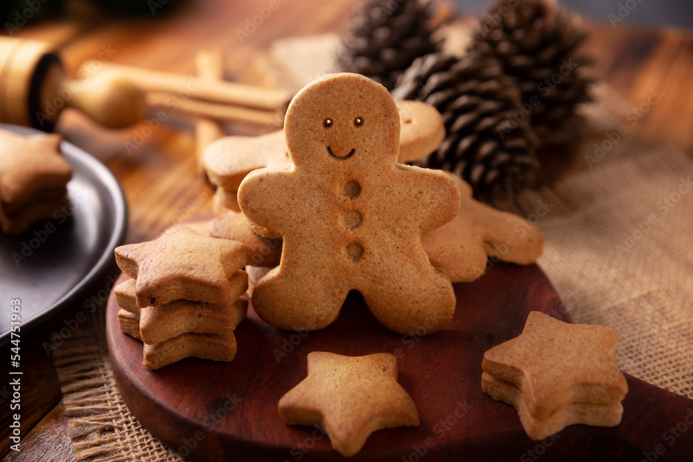Fototapeta premium Homemade gingerbread man cookies, traditionally made at Christmas and the holidays.
