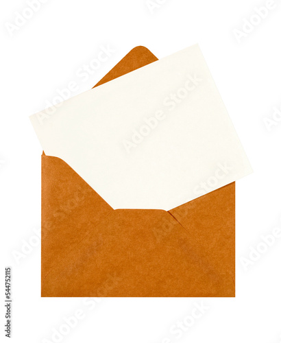 Brown envelope with blank invitation or greeting card flat isolated transparent background photo PNG file