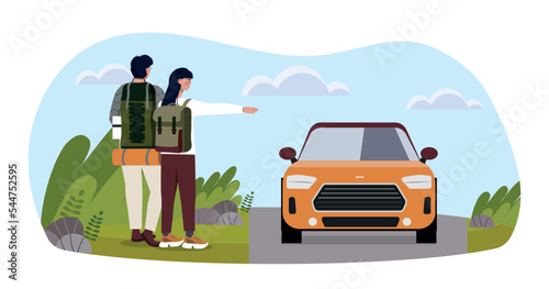 Tourists standing near road. Man and woman trying to order taxi. Travel and adventure, comfortable and convenient transportation. Poster or banner for website. Cartoon flat vector illustration