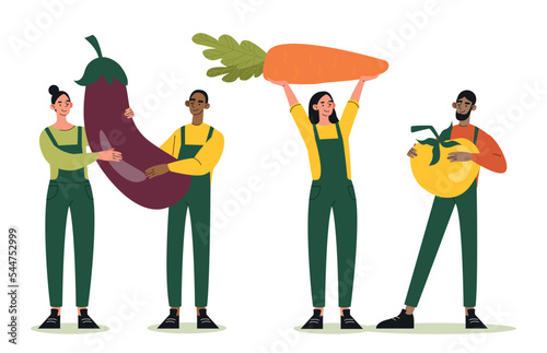 Huge vegetables concept. Collection of men and women with natural and fresh food. Eggplant, carrot and tomato. Harvesting and farming. Cartoon flat vector illustrations isolated on white background
