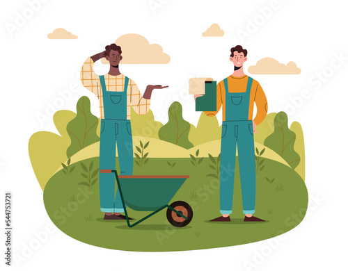 Two farmer concept. Workers in uniform stand next to cart. Countryside, rural landscape, village and harvesting. Men write down fruits and vegetables to be planted. Cartoon flat vector illustration