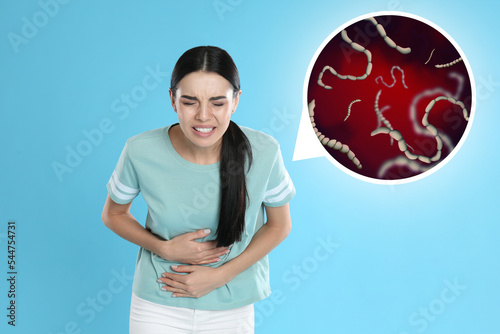 Parasites under microscope and woman suffering from helminthiasis