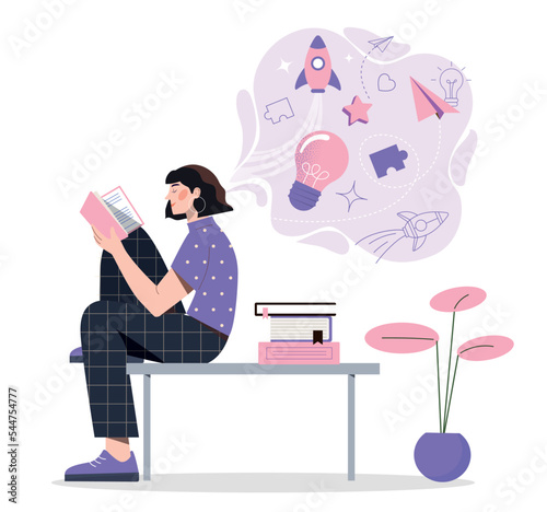 Creative thinking concept. Woman reads book and imagines, dreams. Knowledge, training and education, selfdevelopment. Imagination, insight and idea metaphor. Cartoon flat vector illustration