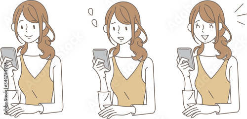 スマートフォンを見る若い女性の表情パターンのイラスト素材セット