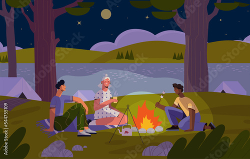 Night camp concept. Men and women near fire. Active lifestyle and recreation, useful hobbies. Tourists in nature, travel. Characters with marshmallows and hot drinks. Cartoon flat vector illustration