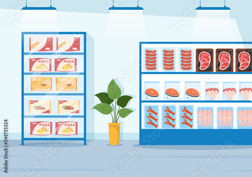 Frozen Food Store with Products Vacuumed using Foil and Pouch Packaging to be Fresh in Hand Drawn Cartoon Template Illustration
