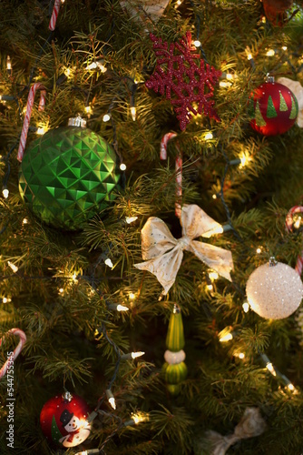christmas tree with decorations vertical view
