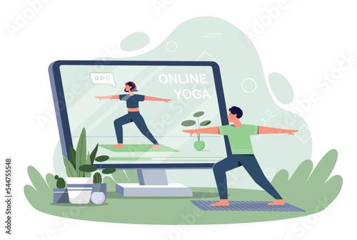 Yoga online concept. Character watches tutorial and takes same assana as teacher. Active lifestyle, sports and fitness. Young guy practice at home, stretches. Cartoon flat vector illustration