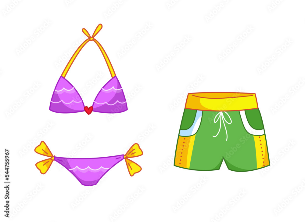 Pink bikini swimsuit and men's green swimming trunks set. Women's sexy  lingerie. Vector illustration in cartoon childish style. Isolated funny  clipart on white background. cute print. vector de Stock | Adobe Stock