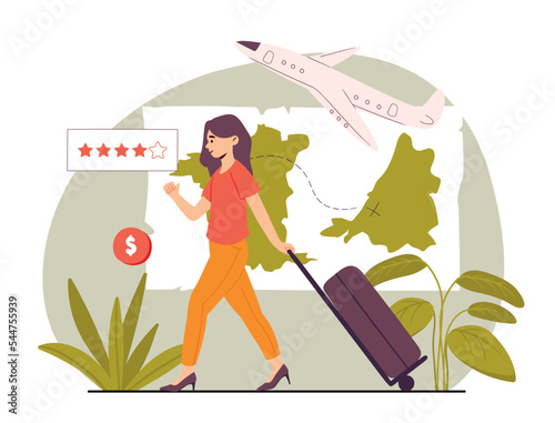 Businesswoman travel concept. Woman walks with suitcase in her hand against background of airplane and map. Tourism and vacation. Poster or banner for website. Cartoon flat vector illustration