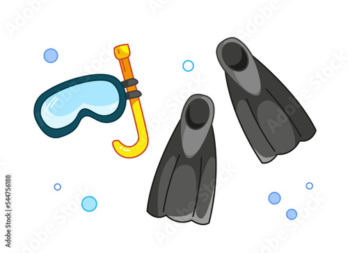 Fins and mask for swimming and breathing underwater. Diving accessories black color set. Vector illustration in cartoon childish style. Isolated funny clipart on white background. cute print.