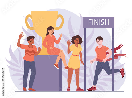 Winning professional competition. Men and women next to golden goblet. Trophy and award, leadership and motivation, successful employees. Poster or banner for website. Cartoon flat vector illustration