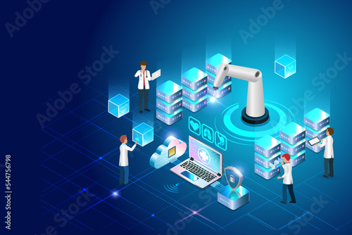 Medical cybernetics concept. Doctor team and robotics arm manipulating patient data system in block chain server. Artificial intelligence in medical and healthcare business futuristic service.