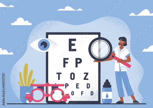 Fototapeta Naklejka Na Ścianę i Meble -  Concept of ophthalmology. Woman with magnifying glass stands near letters of different sizes for assessing vision. Medical poster or banner. Diagnosis and health care. Cartoon flat vector illustration