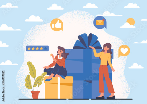 Rating and feedback. Women sit on boxes and leave reviews. Online shopping and home delivery concept. Modern marketing methods, users leave feedback, ranking. Cartoon flat vector illustration