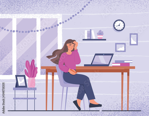Tired woman at desktop. Young girl with pencil sits at workplace. Emotional burnout, tired and overworked employee. Pressure and stress, inefficient workflow. Cartoon flat vector illustration