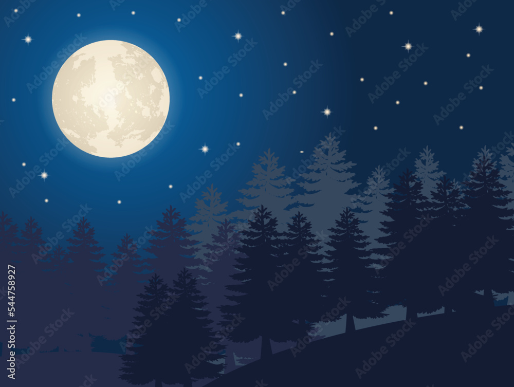 Naklejka premium beautiful full moon with forest view. vector illustration background, landscape