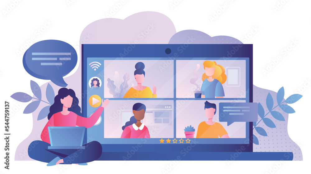Online conference concept. Young girl with laptop communicates with her friends on Internet and social networks. Video call, remote employees or freelancers. Cartoon flat vector illustration Online conference concept. Young girl with laptop communicates with her friends on Internet and social networks. Video call, remote employees or freelancers. Cartoon flat vector illustration