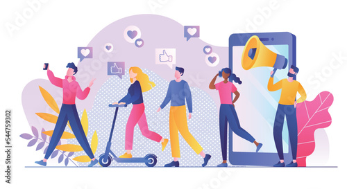 Referral marketing concept. Men and women go from smartphone screen. Modern methods of marketing and promotion on Internet. Social networks and instant messengers. Cartoon flat vector illustration