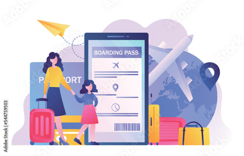 Ticket buying app. Woman with her daughter walk next to smartphone next to globe. Tourism and travel, holidays and vacation. Electronic payments and transfers. Cartoon flat vector illustration