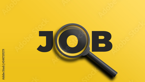 JOB word lettering typography with magnifying glass zooming the word JOB on yellow background. 3D illustration.