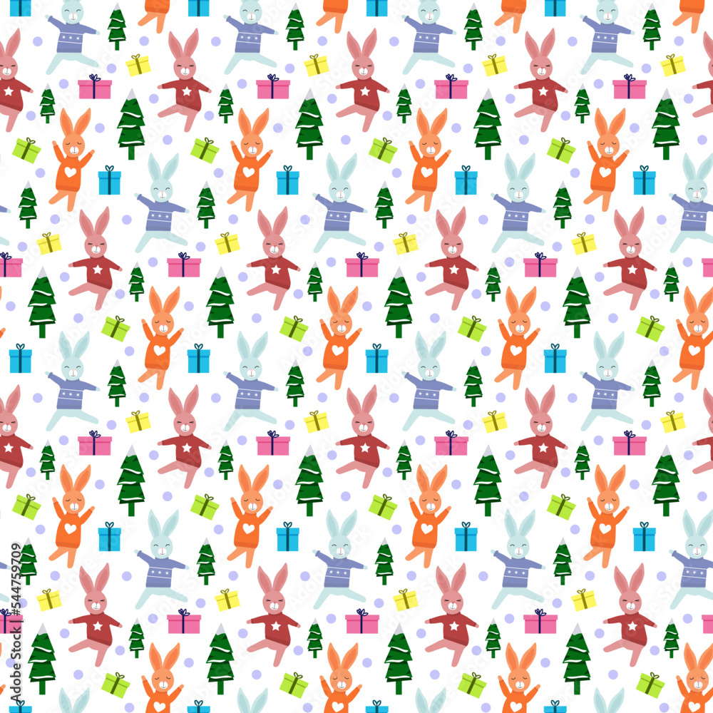 Multi-colored rabbits, gifts and Christmas tree pattern. Vector. Symbol of the new year. For the design of packaging, clothing, brochures and covers, cards and invitations, advertising flyers Multi-colored rabbits, gifts and Christmas tree pattern. Vector. Symbol of the new year. For the design of packaging, clothing, brochures and covers, cards and invitations, advertising flyers