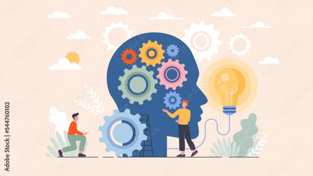 Mental health video concept. Moving male psychological coach helps to solve cognitive problems and develops creative thinking. Brainstorming and coming up with ideas. Flat graphic animated cartoon