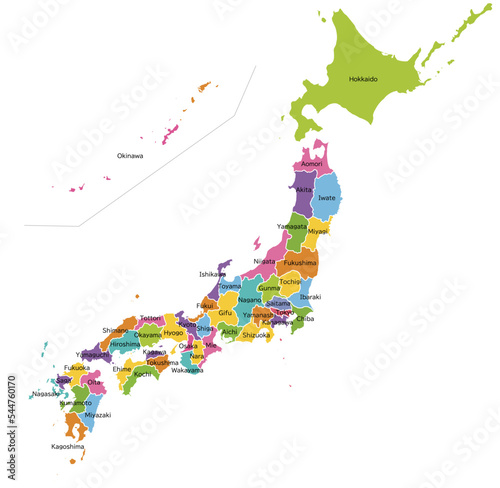 カラフルな日本地図、英語の県名