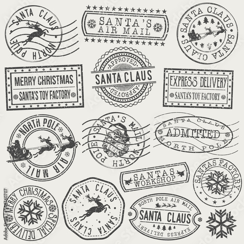Santa Claus North Pole Express Delivery Original Stamp. Elf Workshop Factory Design Vector Art Round Seal. photo