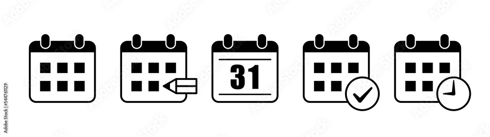 Monochrome calendar icon set. Time and schedule management symbols. Monochrome calendar icon set. Time and schedule management symbols.