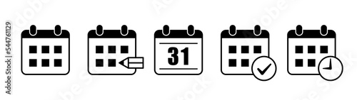 Monochrome calendar icon set. Time and schedule management symbols.